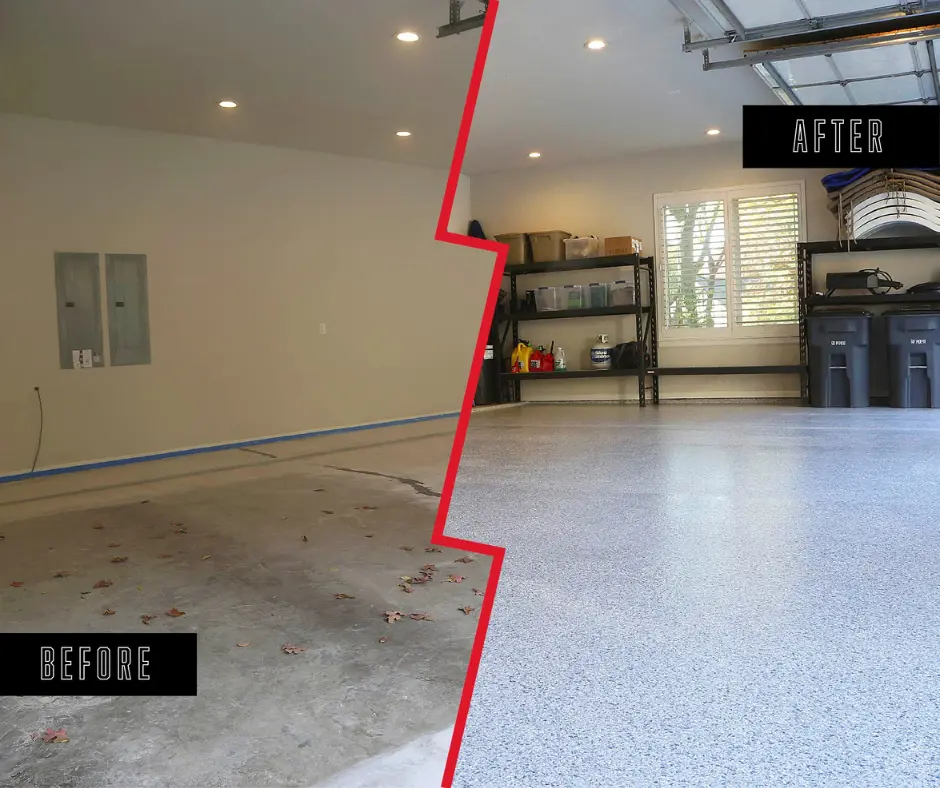 Before and after comparison of a garage floor, showcasing ACES transformed floors installed