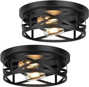 2-Light Flush Mount Ceiling Light Fixtures, 2-Pack Farmhouse Black Ceiling Lights, Industrial Metal Cage Light Fixtures Ceiling Mounted with Adjustable Head, Ceiling Lights for Bedroom Hallway Kitchen